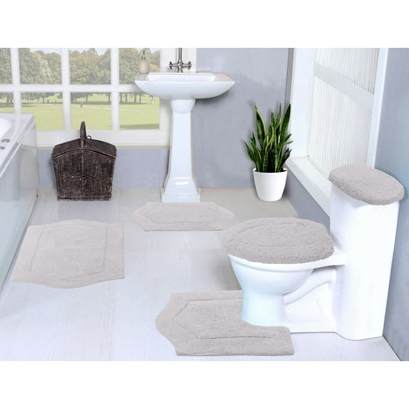 Home Weavers Waterford Collection 100% Cotton Non-Slip Bathroom Rug Set Machine Washable Bathroom Rug, Bath Rug, U Shaped Contour, Lid Cover, Toilet Tank Cover, Light Gray Color 5 Piece Bath Mat set
