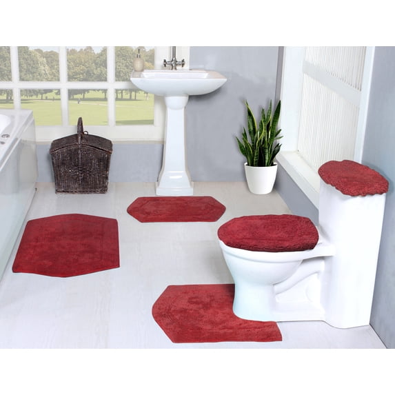 Home Weavers Waterford Collection 100% Cotton Non-Slip Bathroom Rug Set Machine Washable Bathroom Rug, Bath Rug, U Shaped Contour, Lid Cover, Toilet Tank Cover, Red Color 5 Piece Bath rug set