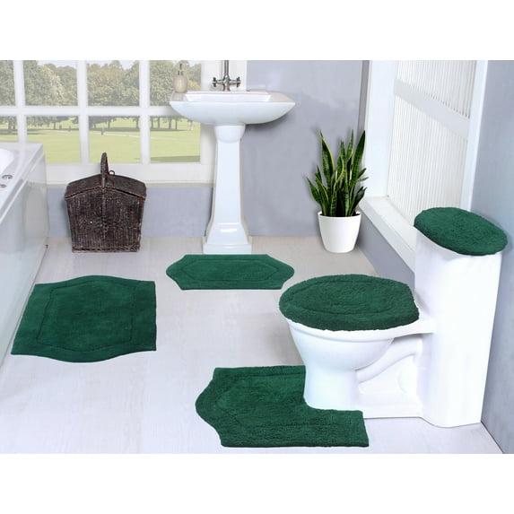 Home Weavers Waterford Collection 100% Cotton Non-Slip Bathroom Rug Set Machine Washable Bathroom Rug, Bath Rug, U Shaped Contour, Lid Cover, Toilet Tank Cover, Bottle Green Color 5 Piece Bath Mat set