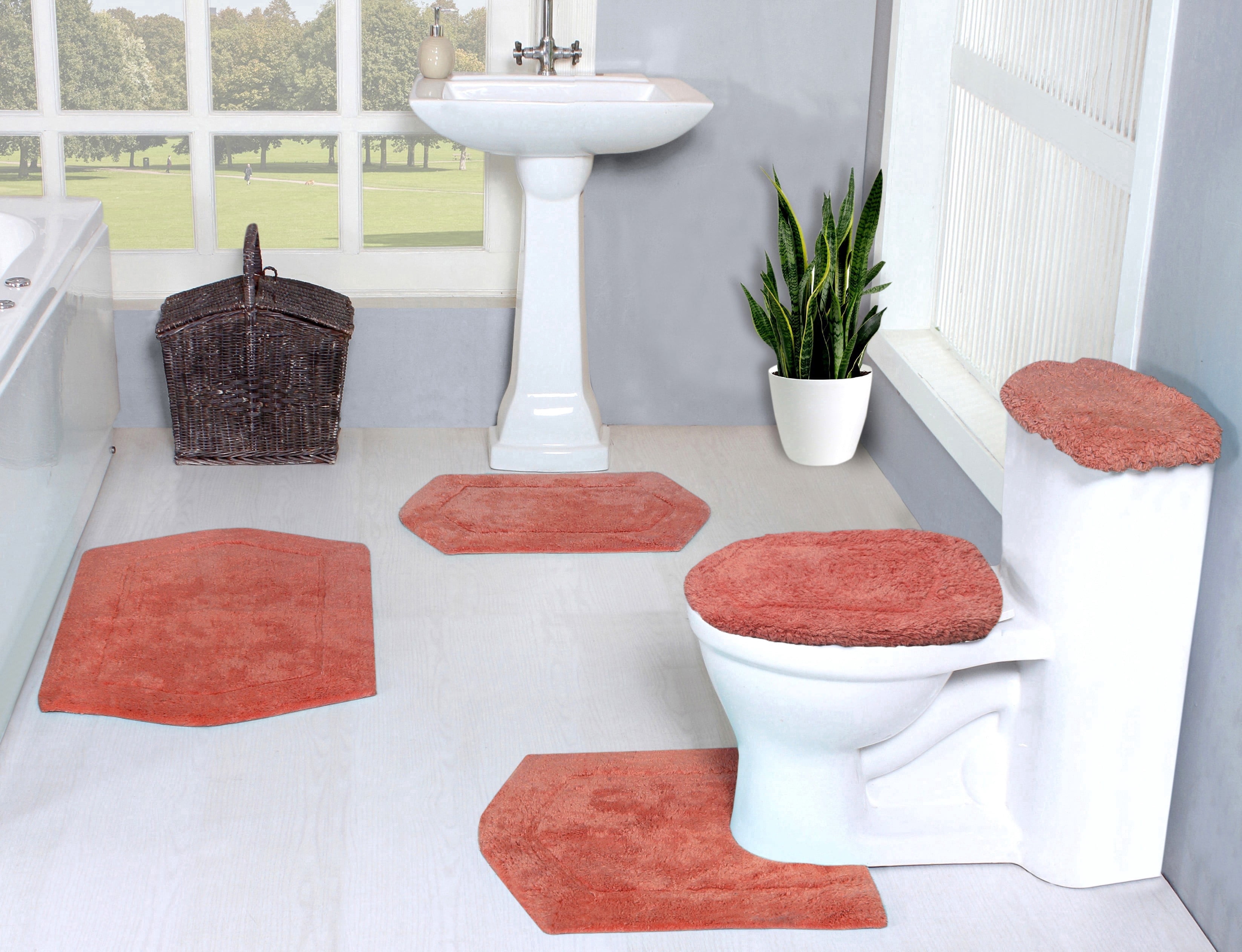 HOME WEAVERS Waterford Collection 100% Cotton Non-Slip Bathroom Rug Set Machine Washable Bathroom Rug, Bath Rug, U Shaped Contour, Lid Cover, Toilet Tank Cover, Coral Color 5 Piece Bath Rug set