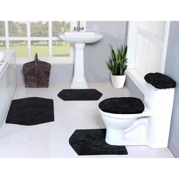 Home Weavers Waterford Collection 100% Cotton Non-Slip Bathroom Rug Set Machine Washable Bathroom Rug, Bath Rug, U Shaped Contour, Lid Cover, Toilet Tank Cover, Black Color 5 Piece Bath Rug set