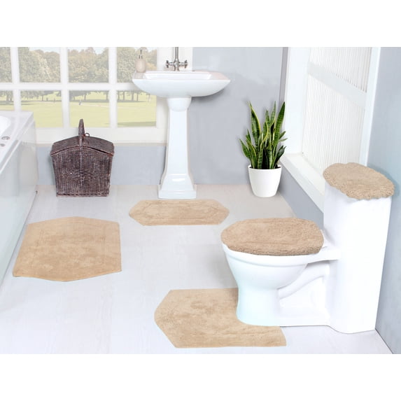 Home Weavers Waterford Collection 100% Cotton Non-Slip Bathroom Rug Set Machine Washable Bathroom Rug, Bath Rug, U Shaped Contour, Lid Cover, Toilet Tank Cover, Linen Color 5 Piece Bath Rug set