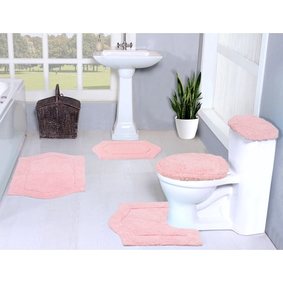 Home Weavers Waterford Collection 100% Cotton Non-Slip Bathroom Rug Set Machine Washable Bathroom Rug, Bath Rug, U Shaped Contour, Lid Cover, Toilet Tank Cover, Pink Color 5 Piece Bath Rug set