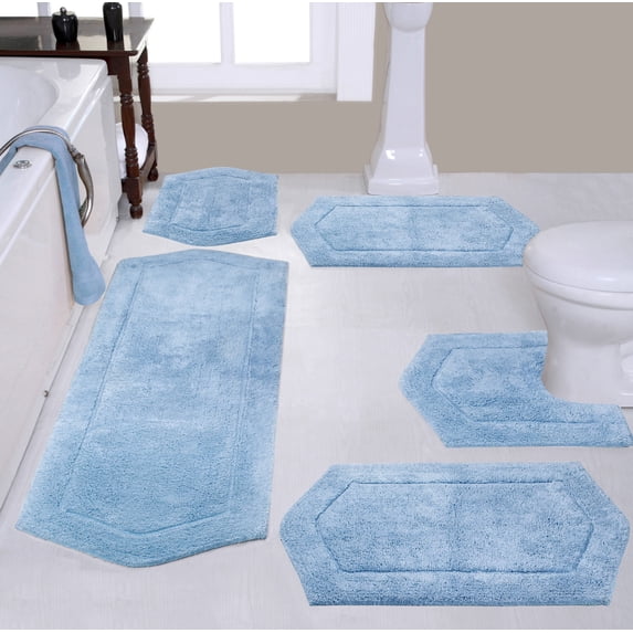 Home Weavers Waterford Collection 100% Cotton Non-Slip Bathroom Rug Set Machine Washable Bathroom Rug, Bath Rug, U Shaped Contour, Runner, Bathroom Rug, Blue Color 5 Piece Bath Rug set