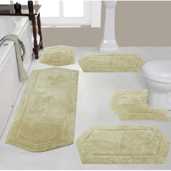 Home Weavers Waterford Collection 100% Cotton Non-Slip Bathroom Rug Set Machine Washable Bathroom Rug, Bath Rug, U Shaped Contour, Runner, Bathroom Rug, Green Color 5 Piece Bath Rug set