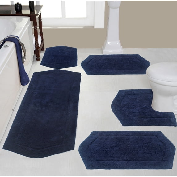 Home Weavers Waterford Collection 100% Cotton Non-Slip Bathroom Rug Set Machine Washable Bathroom Rug, Bath Rug, U Shaped Contour, Runner, Bathroom Rug, Navy Color 5 Piece Bath Rug set