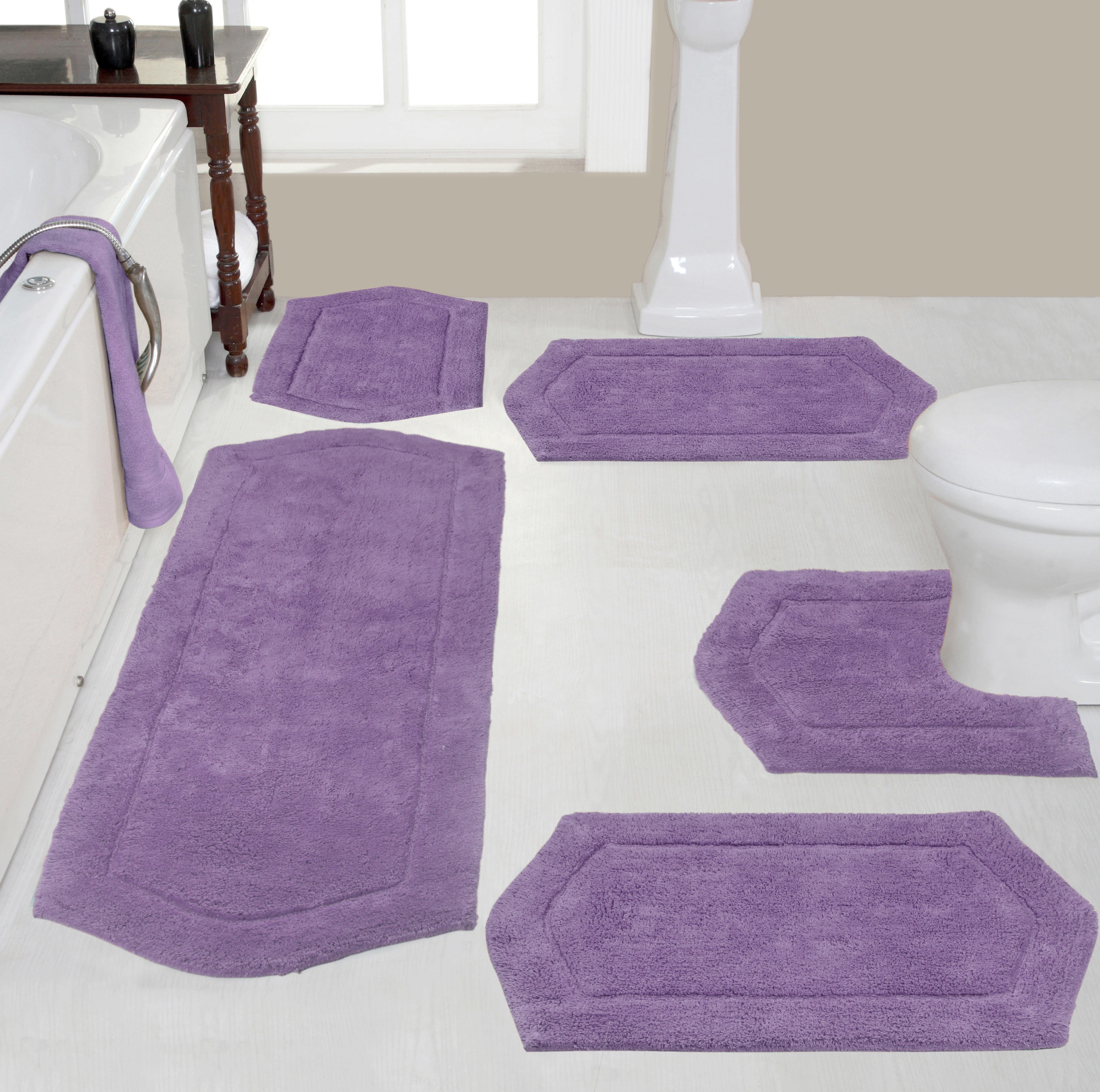 Home Weavers Waterford Collection 100% Cotton Non-Slip Bathroom Rug Set Machine Washable Bathroom Rug, Bath Rug, U Shaped Contour, Runner, Bathroom Rug, Purple Color 5 Piece Bath Carpet set
