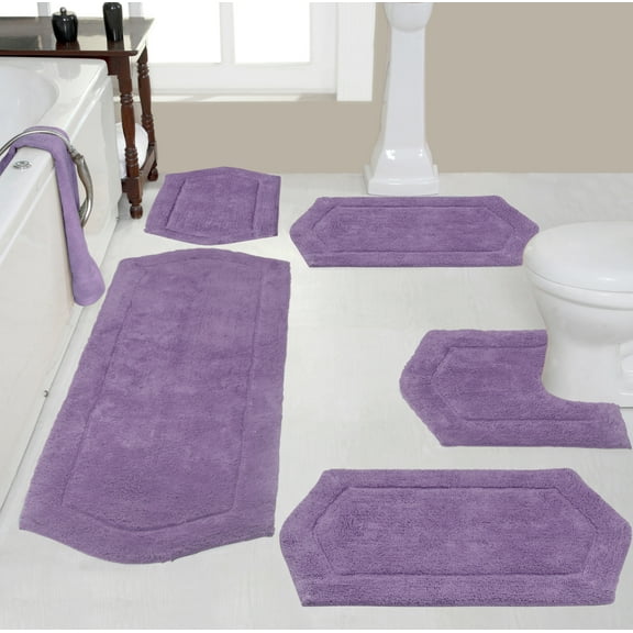 Home Weavers Waterford Collection 100% Cotton Non-Slip Bathroom Rug Set Machine Washable Bathroom Rug, Bath Rug, U Shaped Contour, Runner, Bathroom Rug, Purple Color 5 Piece Bath Carpet set
