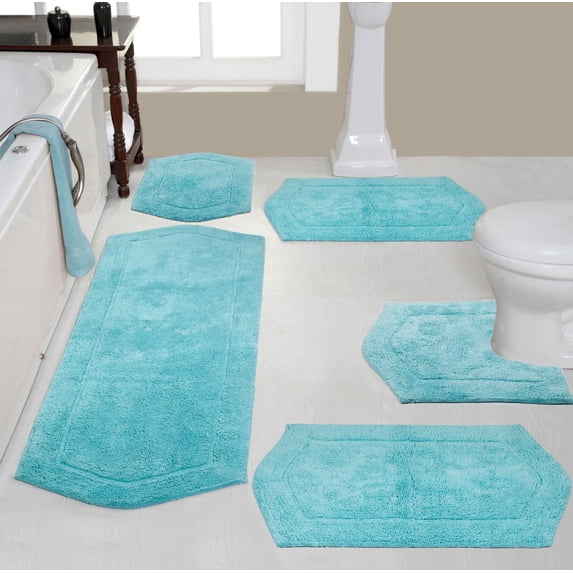 Home Weavers Waterford Collection 100% Cotton Non-Slip Bathroom Rug Set Machine Washable Bathroom Rug, Bath Rug, U Shaped Contour, Runner, Bathroom Rug, Turquoise Color 5 Piece Bath Rug set