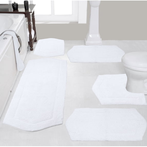 Home Weavers Waterford Collection 100% Cotton Non-Slip Bathroom Rug Set Machine Washable Bathroom Rug, Bath Rug, U Shaped Contour, Runner, Bathroom Rug, White Color 5 Piece Bath Rug set