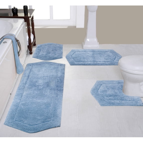 Home Weavers Waterford Collection 100% Cotton Non-Slip Bathroom Rug Set Machine Washable Bathroom Rug, Bath Rug, U Shaped Contour, Runner, Blue Color 4 Piece Bath rug set