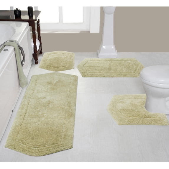 Home Weavers Waterford Collection 100% Cotton Non-Slip Bathroom Rug Set Machine Washable Bathroom Rug, Bath Rug, U Shaped Contour, Runner, Green Color 4 Piece Bath Rug set