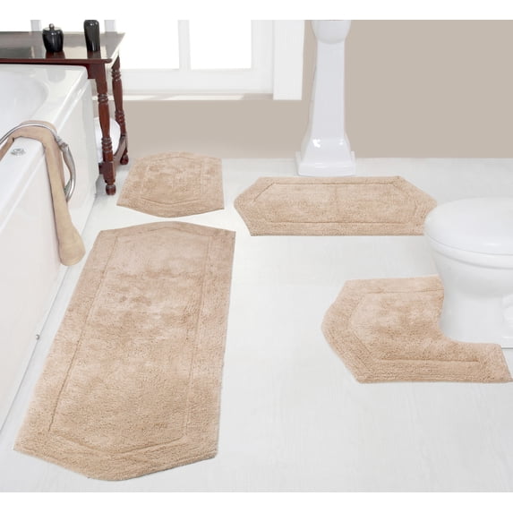 Home Weavers Waterford Collection 100% Cotton Non-Slip Bathroom Rug Set Machine Washable Bathroom Rug, Bath Rug, U Shaped Contour, Runner, Linen Color 4 Piece Bath Rug set