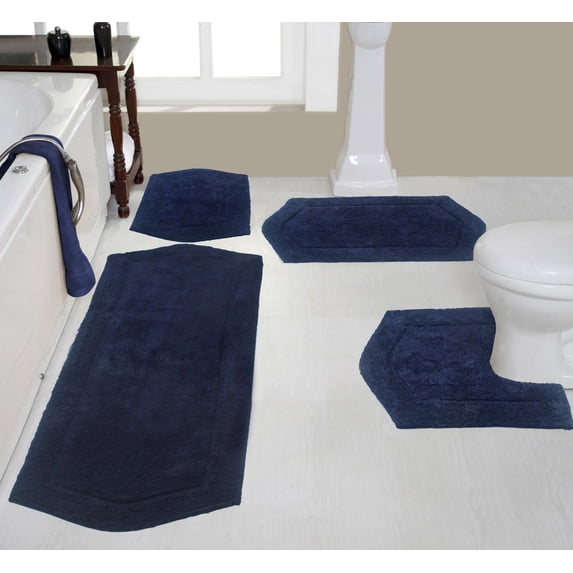Home Weavers Waterford Collection 100% Cotton Non-Slip Bathroom Rug Set Machine Washable Bathroom Rug, Bath Rug, U Shaped Contour, Runner, Navy Color 4 Piece Bath Rug set