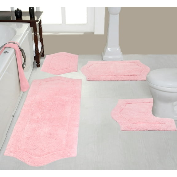 Home Weavers Waterford Collection 100% Cotton Non-Slip Bathroom Rug Set Machine Washable Bathroom Rug, Bath Rug, U Shaped Contour, Runner, Pink Color 4 Piece Bath Rug set