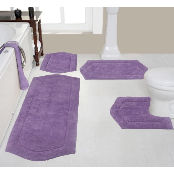 Home Weavers Waterford Collection 100% Cotton Non-Slip Bathroom Rug Set Machine Washable Bathroom Rug, Bath Rug, U Shaped Contour, Runner, Purple Color 4 Piece Bath Rug set