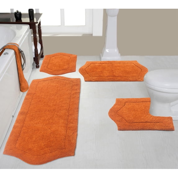 Home Weavers Waterford Collection 100% Cotton Non-Slip Bathroom Rug Set Machine Washable Bathroom Rug, Bath Rug, U Shaped Contour, Runner, Terracotta Color 4 Piece Bath Rug set
