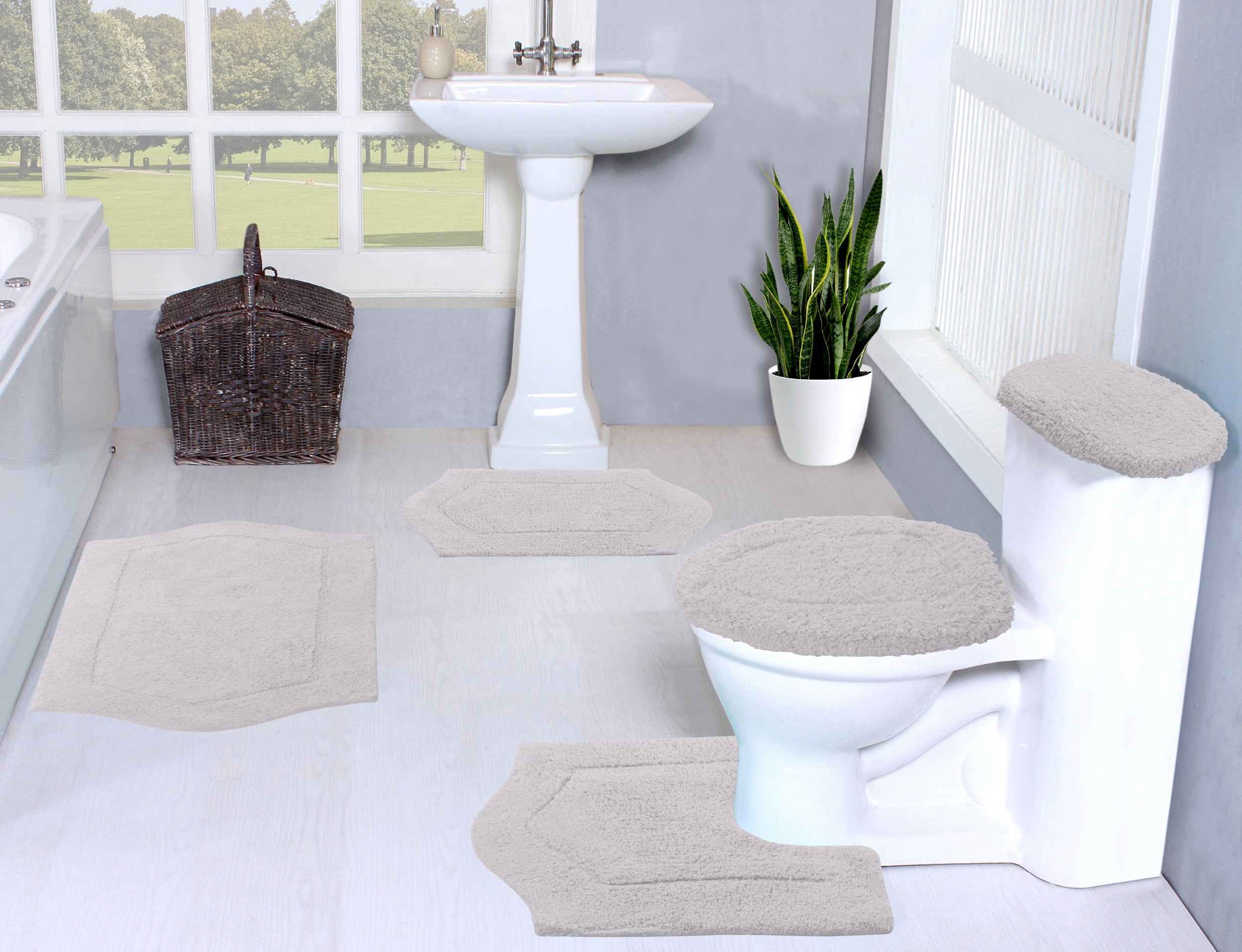 Light Gray Cotton 5-Piece Bathroom Rug Set