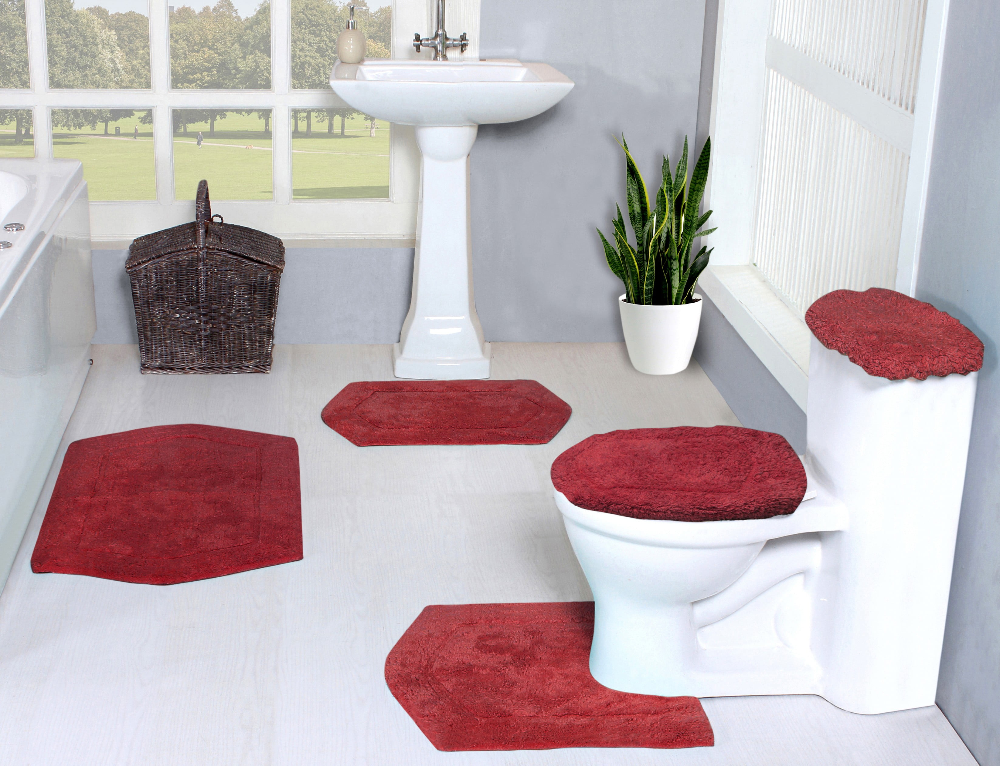 Waterford Red Cotton 5-Piece Non-Slip Bathroom Rug Set