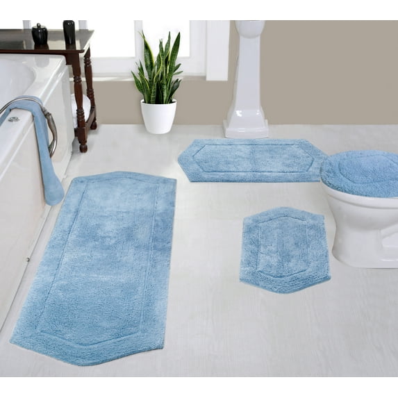 Home Weavers Waterford Collection 100% Cotton Non-Slip Bathroom Rug Set Machine Washable Toilet Lid Cover, Bath Rug, Bathroom Rug, Runner, Blue Color 4 Piece Bath rug set