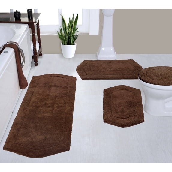 Home Weavers Waterford Collection 100% Cotton Non-Slip Bathroom Rug Set Machine Washable Toilet Lid Cover, Bath Rug, Bathroom Rug, Runner, Chocolate Color 4 Piece Bath Rug set