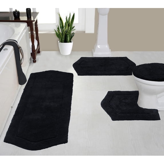 Home Weavers Waterford Collection 100% Cotton Non-Slip Bathroom Rug Set Machine Washable Toilet Lid Cover, U Shaped Contour, Bathroom Rug, Runner, Black Color 4 Piece Bath rug set