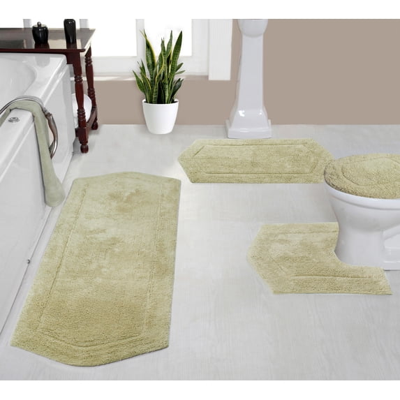 Home Weavers Waterford Collection 100% Cotton Non-Slip Bathroom Rug Set Machine Washable Toilet Lid Cover, U Shaped Contour, Bathroom Rug, Runner, Green Color 4 Piece Bath Rug set