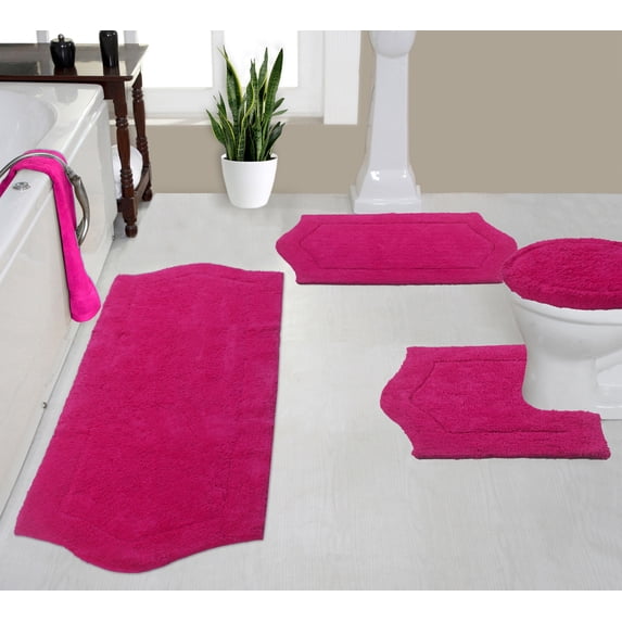 Home Weavers Waterford Collection 100% Cotton Non-Slip Bathroom Rug Set Machine Washable Toilet Lid Cover, U Shaped Contour, Bathroom Rug, Runner, Hot Pink Color 4 Piece Bath Rug set