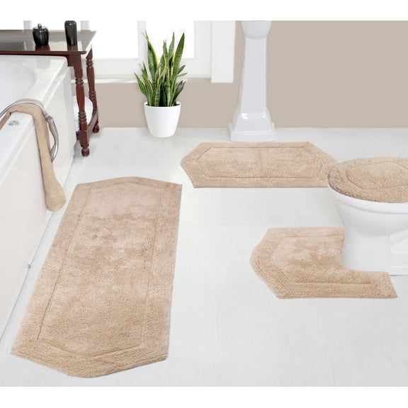 Home Weavers Waterford Collection 100% Cotton Non-Slip Bathroom Rug Set Machine Washable Toilet Lid Cover, U Shaped Contour, Bathroom Rug, Runner, Linen Color 4 Piece Bath Rug set