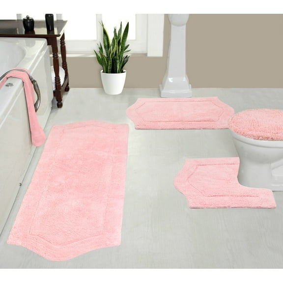 Home Weavers Waterford Collection 100% Cotton Non-Slip Bathroom Rug Set Machine Washable Toilet Lid Cover, U Shaped Contour, Bathroom Rug, Runner, Pink Color 4 Piece Bath Rug set