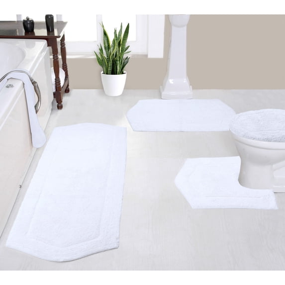 Home Weavers Waterford Collection 100% Cotton Non-Slip Bathroom Rug Set Machine Washable Toilet Lid Cover, U Shaped Contour, Bathroom Rug, Runner, White Color 4 Piece Bath Rug set