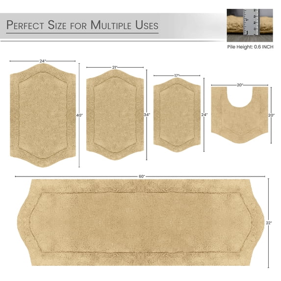 Home Weavers Waterford Collection 100% Cotton Tufted Bath Rug, Non-Slip Plush Bath Carpet, Machine Wash, bath rug for Bathroom, 5 Piece Set, Linen Rug