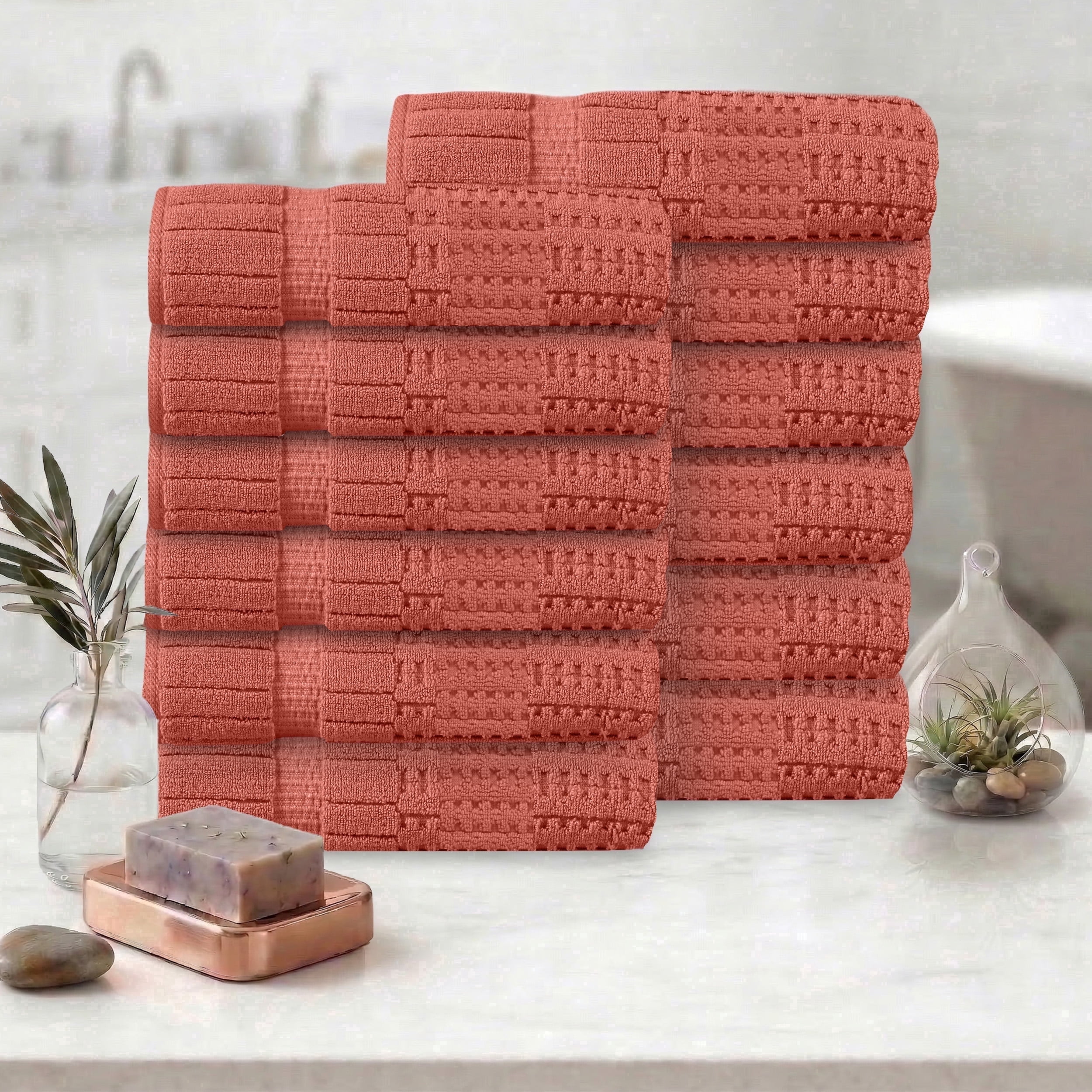 Home Weavers Willow Bath Towels Set of 12, 100% Cotton Zero Twist, 630 GSM, Soft Absorbent Quick Dry, 27x54 inch, Coral