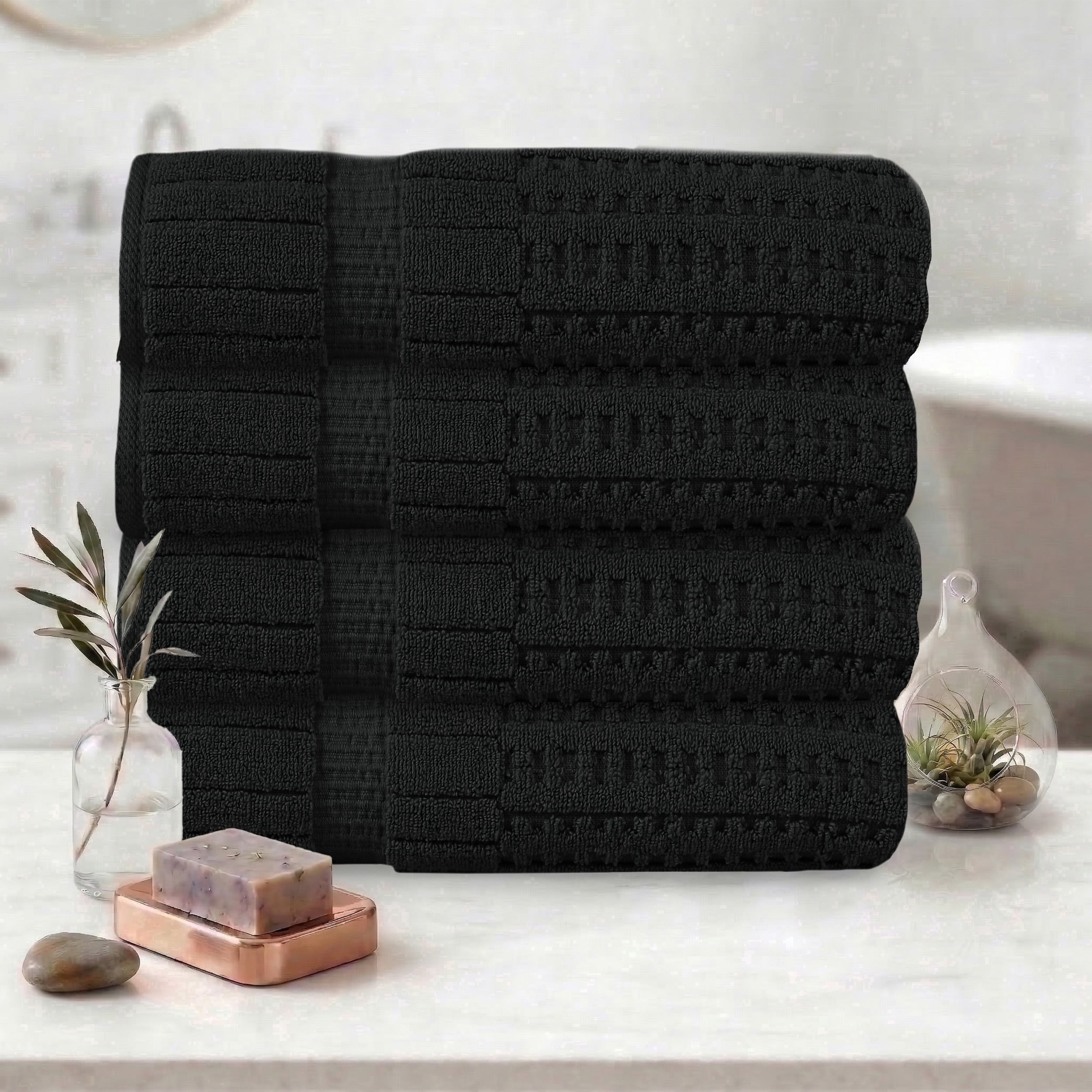 Home Weavers Willow Bath Towels Set of 4, 100% Cotton Zero Twist, 630 GSM, Soft Absorbent Quick Dry, 27x54 inch, Black