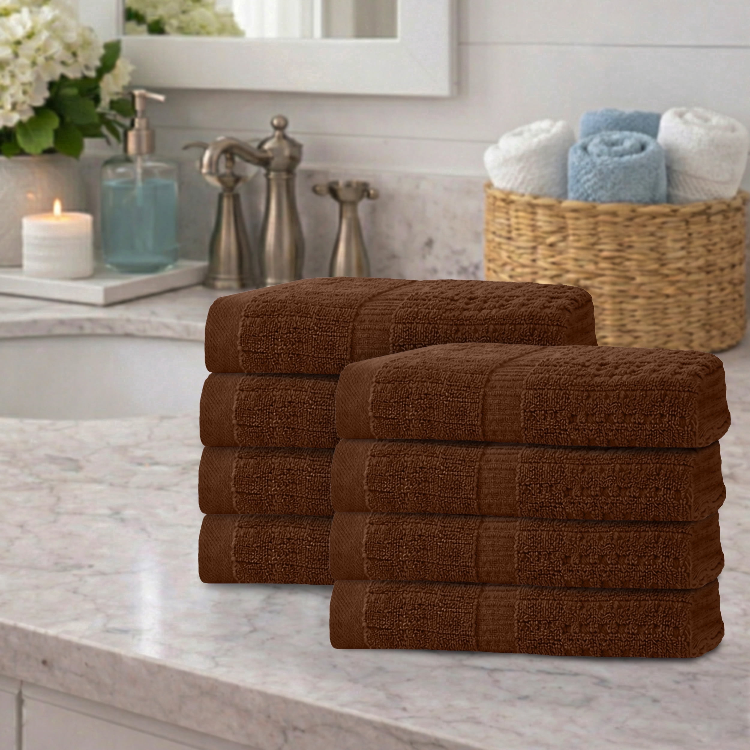 Home Weavers Willow Collection Hand Towels Set of 8 | 100% Cotton Zero Twist | 630 GSM Thick Plush | Soft, Highly Absorbent & Quick Dry | Hotel Quality Luxury Hand Towels | 16x24 Inch | Chocolate