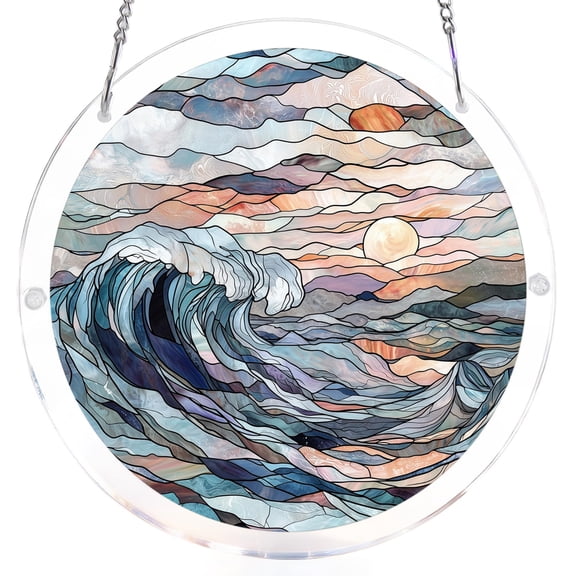Home Window Decoration, Stained Glass Window Hanging, Nature Wall Art for Home Wall Decor, Spring Home Decor Indoor, 7.5 Inch Diameter Thick Single Layer 2D Ocean Scenery