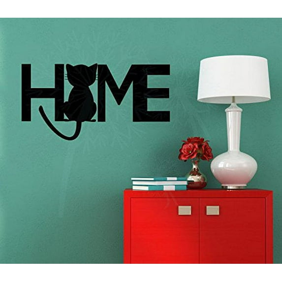 Home With Cat silhouette Wall Decal Vinyl Sticker Lettering Art, 23x12-inch, Black