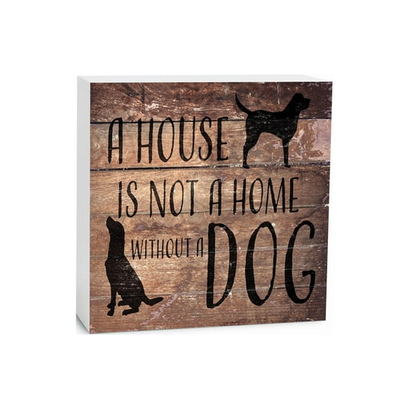 Home With Dog Brown Woodgrain Dog 5 x 5 Wood Tabletop Sign Plaque