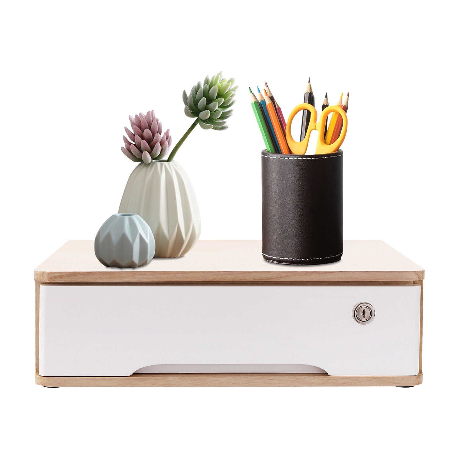 Home Wooden Desktop Storage Box with Lockable Drawer Office Supplies Drawer Organizer