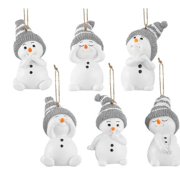 6 Pcs Wooden Snowman Christmas Ornament, Animated Faces Design, 3.2 in|6 Animated Faces, Gray White Striped Knit Hat, Quality Wood Material, Easy Hanging Rope