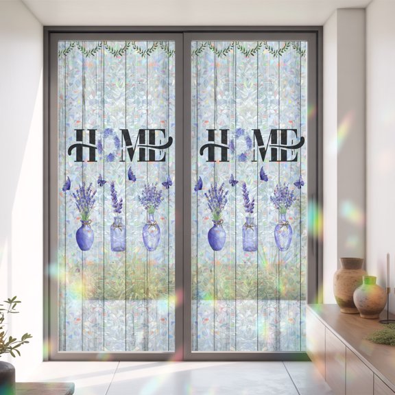 Home Words on Retro Wood Board Window Privacy Film,Decorative Windows Static Cling Purple Lavender Butterfly Heat Control Removable Glass Sticker for Home Bathroom Bedroom Window Door,35x79in