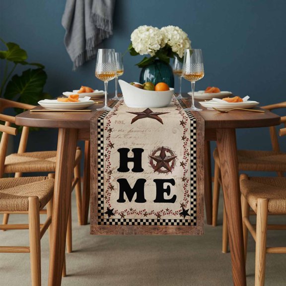 Home Words on Vintage Letter Table Runner-36 Inch Long Country Stars Black Plaid Table Runners Linen Burlap Tablerunner for Kitchen Dining Room Holiday Party