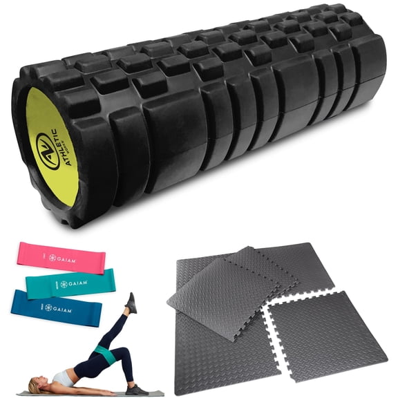 Home Workout Essentials Bundle with Foam Roller, Loop Bands, and Interlocking Floor Mats