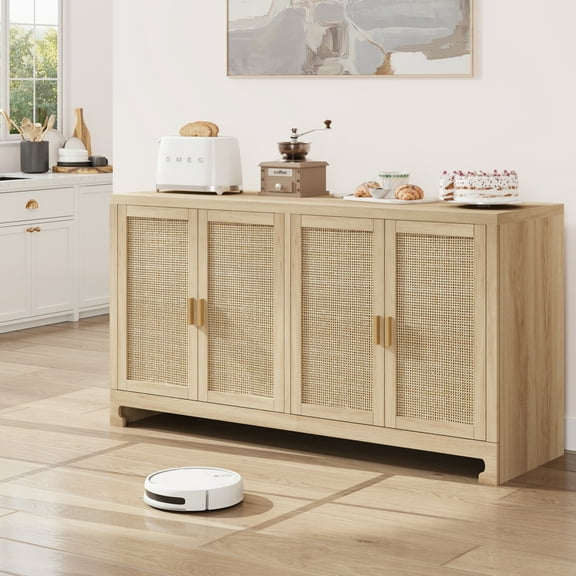 Home Woven Rattan Buffet Cabinet Natural Woven Storage Sideboard with Shelf Console Table for Dining, Living Room, and Hallway Decor