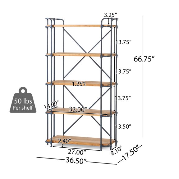 Home Yorktown 5-shelf Bookcase, Rugged, Industrial, Bookshelf, Will, Grit