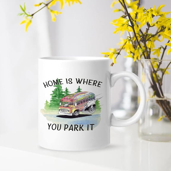 Home Is Where You Park It Cartoon Farmhouse Camping Signs Unique Mugs Camping Decor Personalized for Home Kitchen Office School 11 Ounce White Adventures Campers Gift