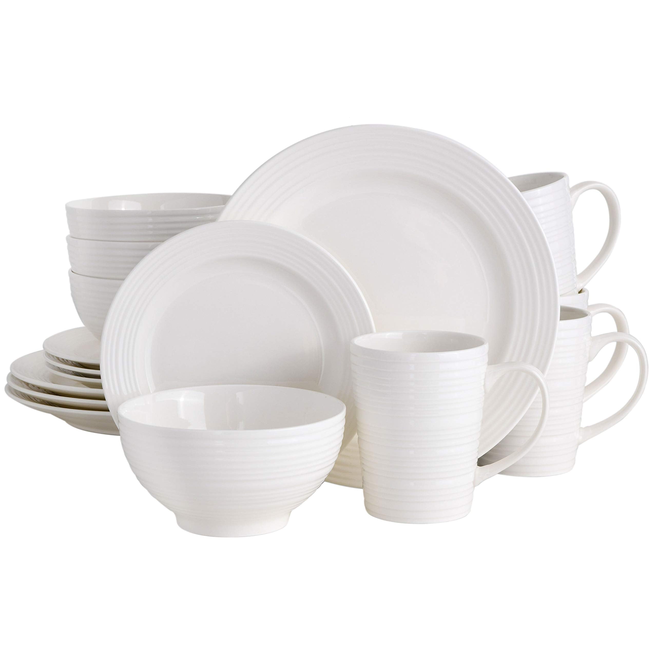 Home Zen Buffet White Porcelain Dinnerware Set for 4 with Square Plates, Bowls, Mugs, Chip and Scratch Resistant, Dishwasher and Microwave Safe, 16 Piece