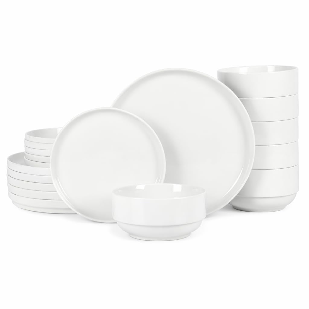 Home Zen Buffet White Porcelain Dinnerware Set for 4 with Square Plates, Bowls, Mugs, Chip and Scratch Resistant, Dishwasher and Microwave Safe, 16 Piece