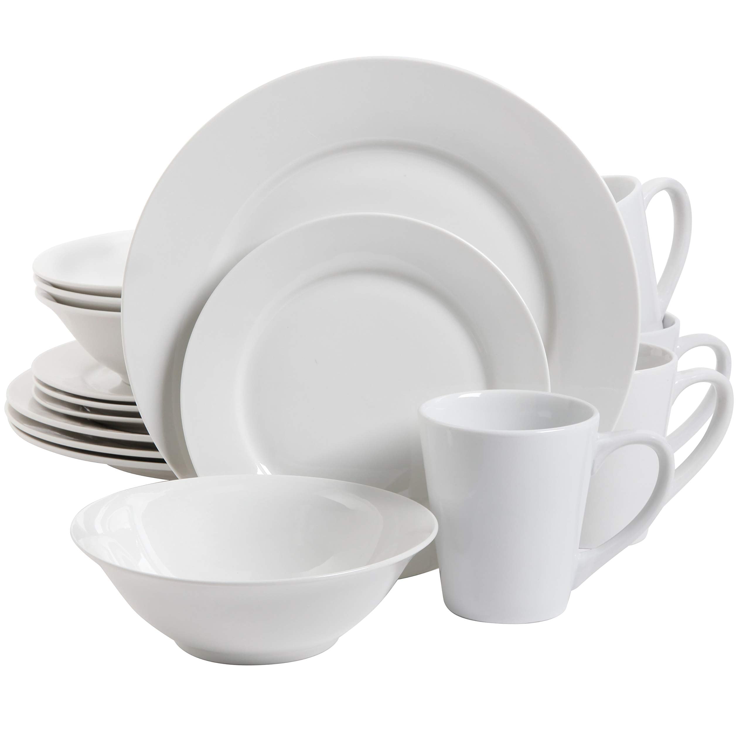 Home Zen Buffet White Porcelain Dinnerware Set for 4 with Square Plates, Bowls, Mugs, Chip and Scratch Resistant, Dishwasher and Microwave Safe, 16 Piece