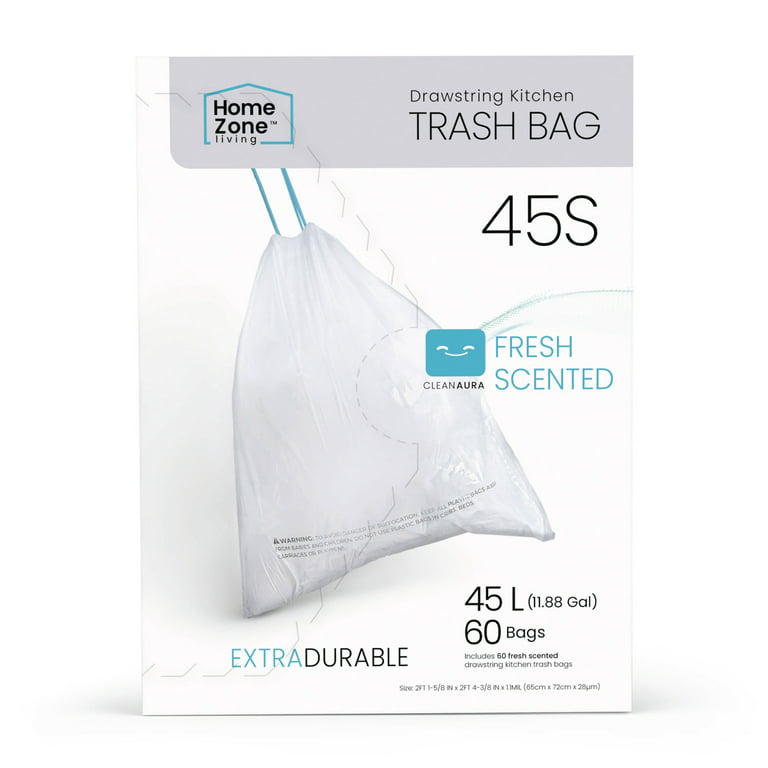 Home Zone Living 12-13 Gallon Drawstring Trash Bags, 45 to 50 Liter Trash  Can, 60 Bags